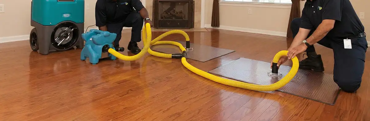 emergency water removal technicians extracting standing water from a home using professional equipment in Orange, CA