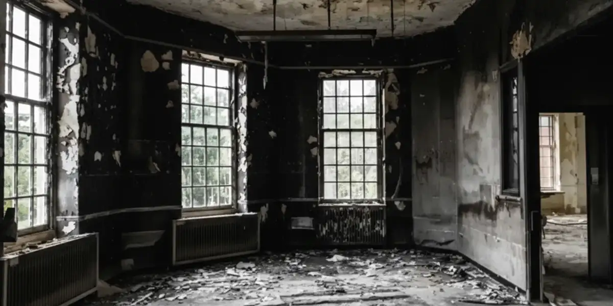 fire damage repair addressing severe interior damage and smoke residue inside a burned home in Orange, CA