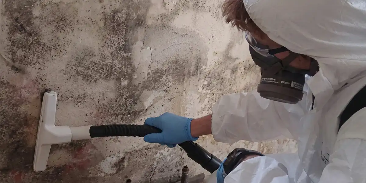 professional mold removal technician wearing protective equipment removing mold from a wall in Orange, CA