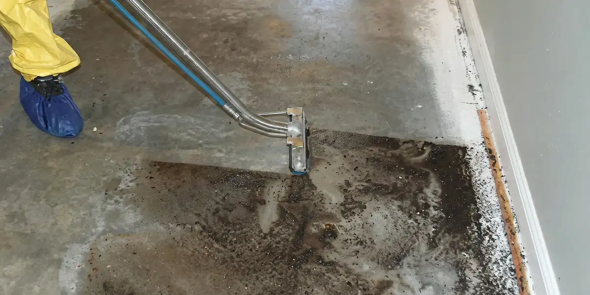 sewage removal technicians extracting contaminated wastewater from a residential floor in Orange, CA